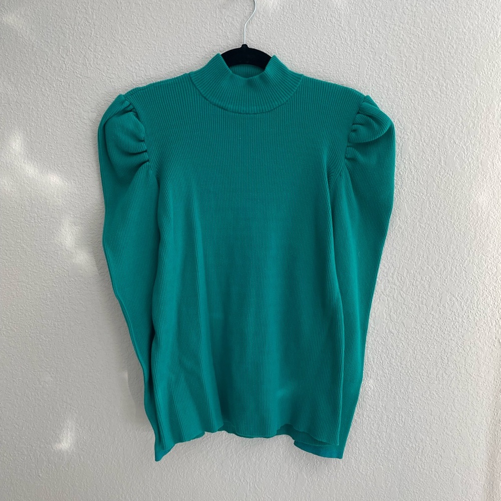 Teal Puff Sleeve Ribbed Sweater